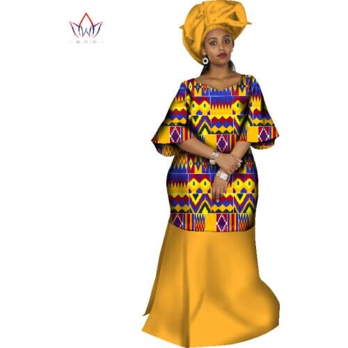 New African Dresses for Women Dashiki Dresses Bazin Riche Traditional African Clothing Half Sleeve for Ladies with Scarf WY1888
