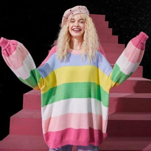 Autumn European Sweet Girl Blouse Pullover Cute Rainbow Stripes Loose Puff Sleeve Gentle Fairy Vintage Woman All-Match Sweater