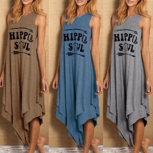Women Hippie Soul Letter Printed Dress Summer Sleeveless O-Neck Tank Dress Casual Loose Plus Size Irregular Hem Long Dresses