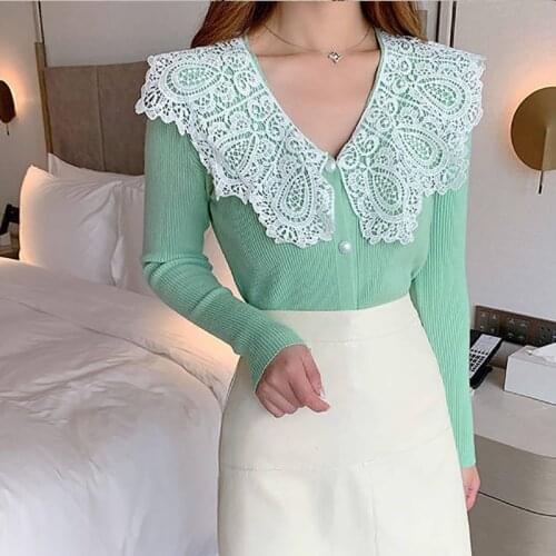 Peter Pan Collar Women Knitted Pullover Tops Lady Casual Long Sleeve Autumn Spring Style Sweater Pullover