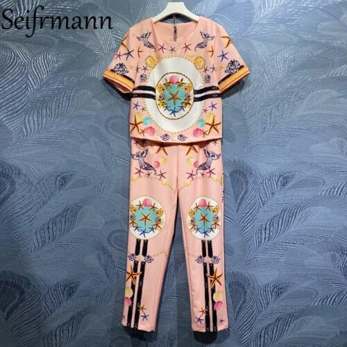 Seifrmann New 2021 Summer Women Fashion Designer Pants Set Short Sleeve Gorgeous Crystal Tops + High Waist Print Long Pants Suit