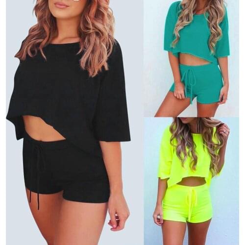 Sexy Short Two Piece Set Women Sports Outfits Half Sleeve Crop Top T-shirts Drawstring Loose Shorts 2 Piece Set Women Tracksuit