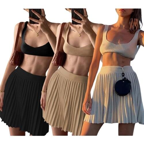 Sexy Womens Suit Fashion 2-piece Casual Set Sleeveless T-shirt Pleated Skirt Summer Set for Ladies Female
