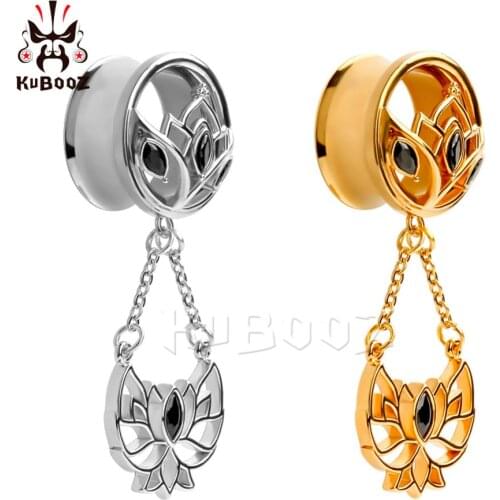 KUBOOZ Piercing Stainless Steel Dangle Ear Gauges Tunnels Plugs Flared Lotus Flower Crystal Fashion Earring Stretchers 10PCS/Lot