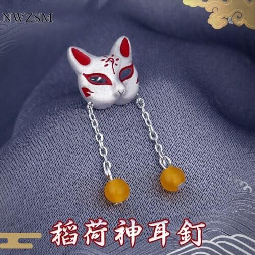 Anime Demon Slayer cosplay Fox Half Face Mask Pendant Earrings 925 Silver Jewelry Gift