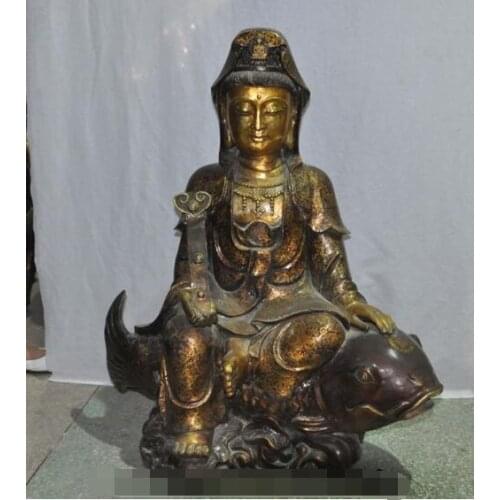 S01881 32"China buddhism Bronze Kwan-yin GuanYin Goddess Ride Fish Ru Yi Buddha Statue