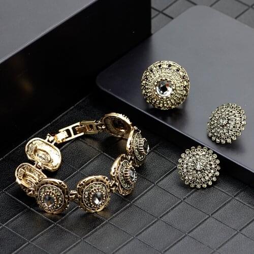 Sunspicems Bohemia Grey Rhinestone Jewelry Sets Round Crystal Earring&Ring&Link Bracelet Turkish Vintage Wedding Bijoux Gift