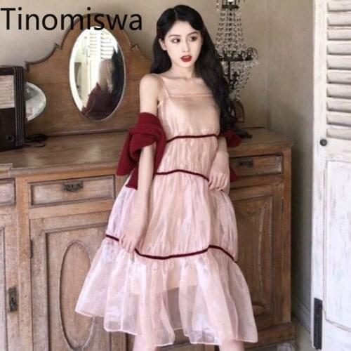 Tinomiswa Spaghetti Strap Dress Women High Waist Korean Sweet Gauze Dresses Female New Chic A Line Vestidos Femme 2021 New A1390