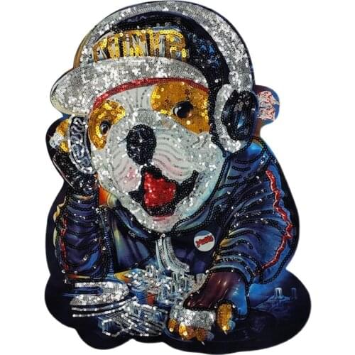 Embroidery sew on new fashion cool sequined appliques,music dogs badges,large cool dog patches for clothing,cartoon patch