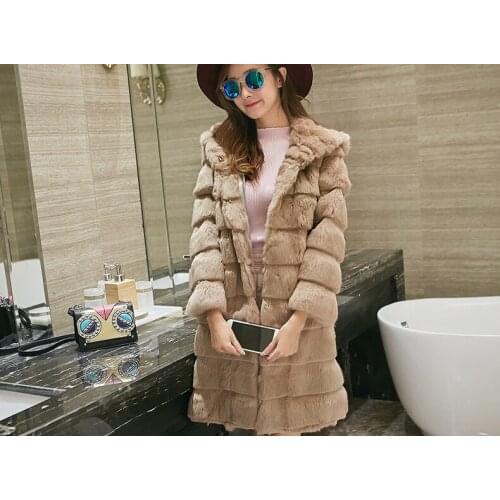 New genuine rabbit fur coat women very long rabbit fur jacket with hat winter fur waistcoats custom big size 90cm long F05