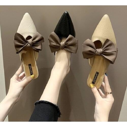 2021 summer new ladies Korean version of the net red slippers fashion wild bow half drag pointed sandals