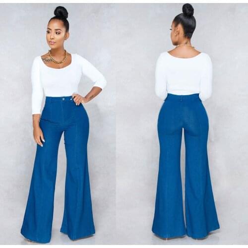 Female Flared Denim Jeans, Solid Color High Waist Bell-Bottomed Pants Close-Fitting Pants for Women Casual Daily Wear Blue