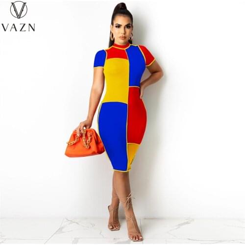 VAZN 2021 Hot Popular Patchwork Regular Sweet Overalls Turtleneck Short Sleeve Soft Fashion Women High Waist Thin Midi Dress
