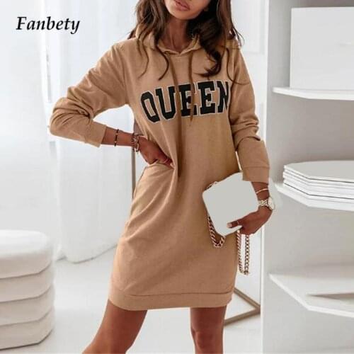 Women Fashion Hooded Letter Printing Long-sleeved Sweater Dress Lady Casual Sports Drawstring Dress Autumn O-neck Loose Dresses