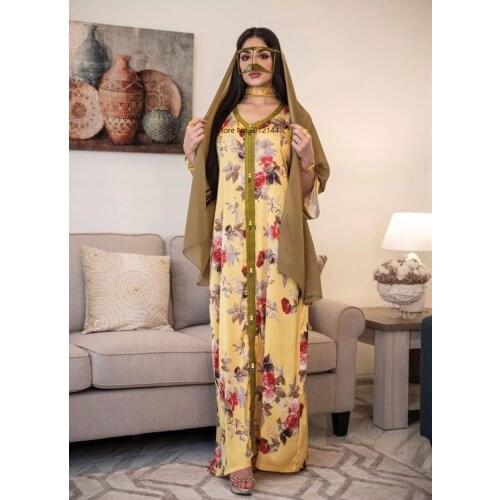 Maxi Dresses for Women Summer 2021 Sexy Muslim Women V-neck Long Sleeve Printing Dress Muslim Women Abaya