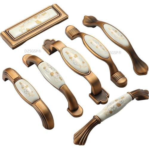 Gold Black Cabinet Cupboard Hardware Door Furniture Handle Zinc Alloy Ceramic Drawer Kitchen Knob Flower Antique