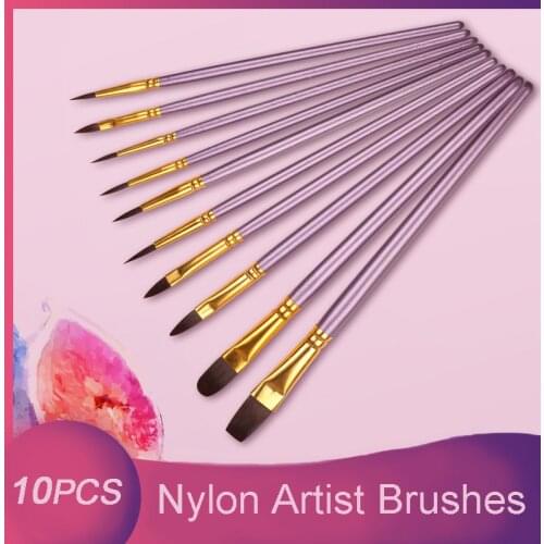 10pcs Nylon Hair Purple Artist Paint Brushes Set for Acrylic Oil Watercolor Gouache Face Body Paint Nail Rock Art Supplies