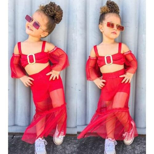2020 Summer Fashion Toddler Baby Kids Baby Girl Clothes Off Shoulder Mesh See Through Top +Skirt Sweet Set 2 Pieces