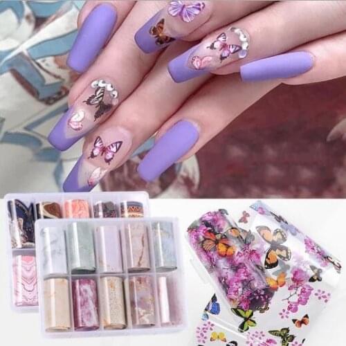 2020 NEW! 1Box 10pcs Foil Mesh Nail Foil Set Adhesive Transfer Sticker Butterfly Starry Pattern Wraps Slider For Nail DIY Tips