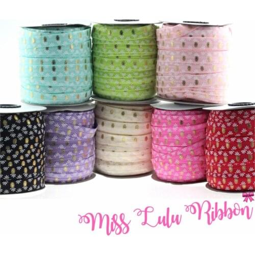 5/8"16 mm Glitter Pineapple Fold Over Elastic Ribbon Gold Foil Elastic Band Handmade hair Accessories decoration 50yards 8colors