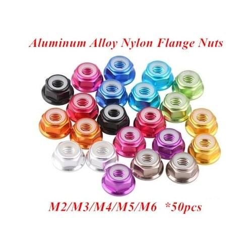 50pcs M2 M3 M4 M5 M6 Aluminum Alloy Flange Nylon Insert Lock Nut Self-locking Nuts anodized Multi-colors