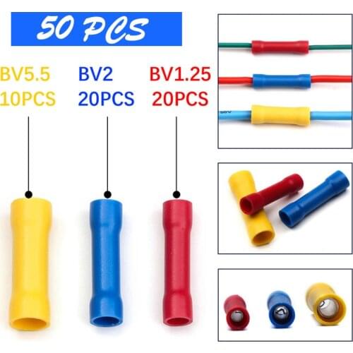 50PCS Insulated Straight Wire Butt Connectors Copper Tube Electrical Wire Cable Crimp Terminals Set BV1.25 BV2 BV5.5