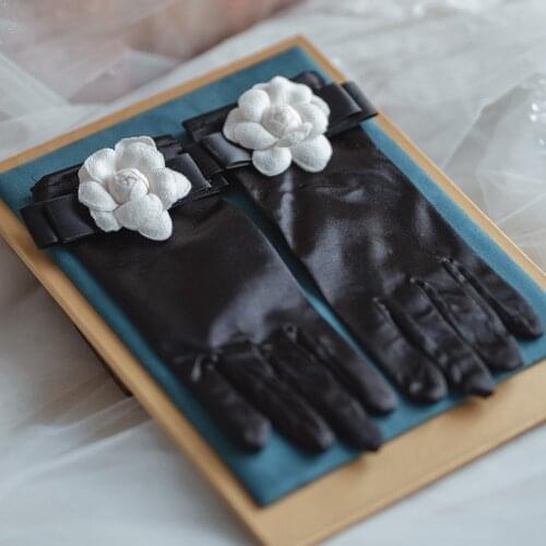 Flower Black Gloves Gants De Mariee Bridal Gloves Women Wedding Accessorie For Bride Evening Prom Party Dress Satin Gloves