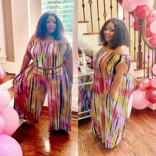 New summer plus size jumpsuit 5XL-8XL fashion womens sexy strapless belt rainbow stripe plus size jumpsuit bust 138CM