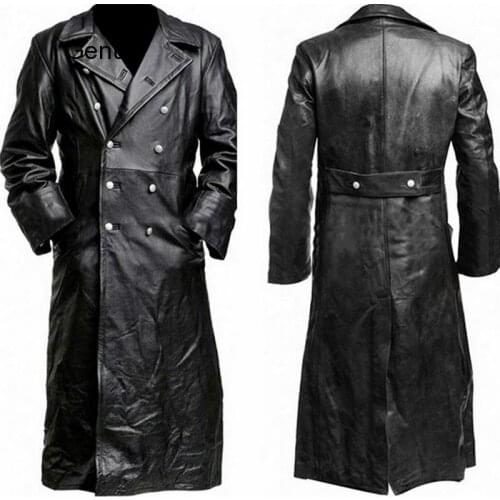 Button Closure Leather Jacket Top Quality Long Trench Winter Mens Vintage Business Outerwear Premium Officer Black Leather Coat