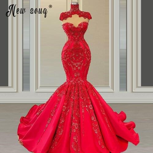 Red Evening Gown Mermaid Celebrity Party Dresses 2021Vestidos de festa SexyHigh Neck Sweetheart Applique Formal Prom Gowns Hot