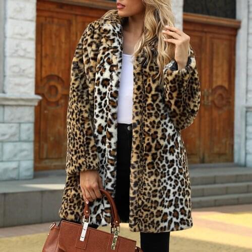 Leopard Print Faux Fur Coat With Pocket Women Winter Thick Warm Plush Jacket 2021 Fashion Elegant Long Lapel Outerwear Plus Size