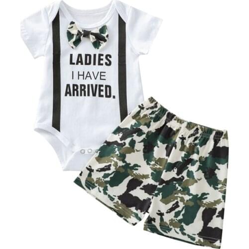 Pudcoco 2Pcs Summer Bowknot Letter Print Short Sleeve Bodysuit Leotard Tops+Camouflage Print Wide Leg Shorts Pants Outfit Sets