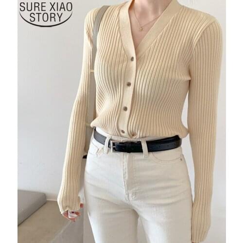 Korean Fashion Autumn Winter Knitted Cardigans Women Long Sleeve Sweater V-Neck Coat 2021 Elegant Office Lady Tops Blusas 17213