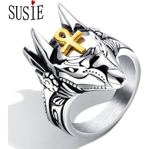 LOVE SUSIE Men Ring Fashion Anubis Egyptian Cross Hand Accessories Stainless Steel Lord Of Rings Gothic Punk Jewelery