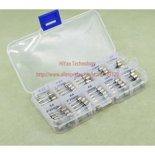 1set/lot Fast Quick Blow Glass Tube fuse Assortment Kit 5x20MM 0.2A 0.5A 1A 2A 3A 5A 6A 8A 10A 15A/250V+ Box