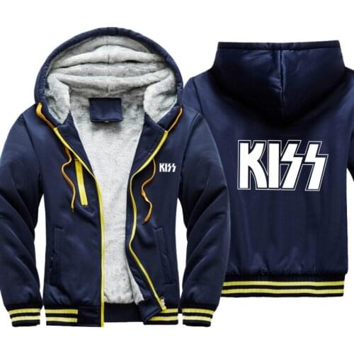 KISS Rock Hoodies Men Hip Hop Winter Warm Fleece Long Sleeve Hooded Sweatshirt Winter Thick Zipper Jackets Cardigan Streetwear