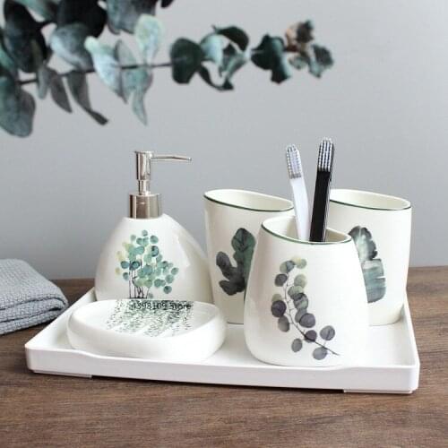 Nordic bathroom supplies green plant ceramic bathroom series toothbrush holder / soap dispenser bathroom decoration accessories