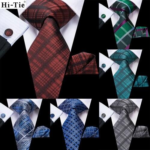 Navy Blue Burgundy Plaid Silk Wedding Tie For Men Hanky Cufflink Gift Men Necktie Gravata Fashion Designer Business Dropshipping