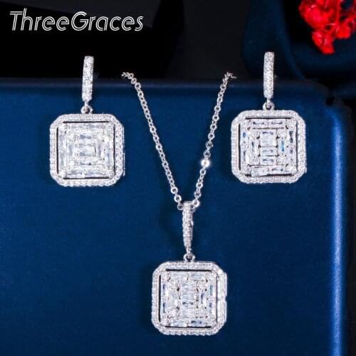 ThreeGraces 2020 Women Fashion Shiny White Cubic Zirconia Silver Color Geometry Drop Earrings Necklace Party Jewelry Sets JS525