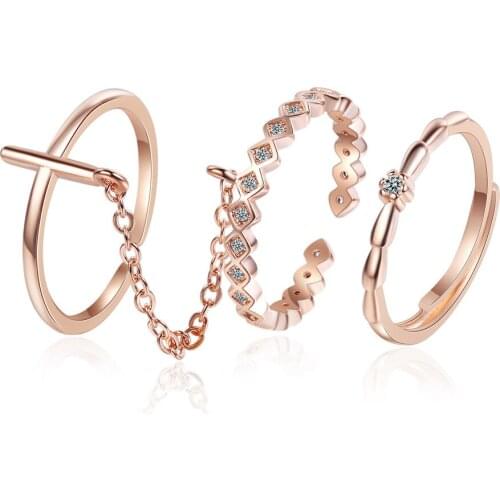 WANGAIYAO cross tail ring rose gold plated three-piece chain ring simple fine inlaid zircon ring female