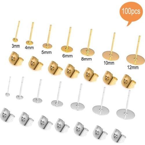 100pcs 3mm-12mm Hypoallergenic Stainless Steel Earrings Posts Flat Pad Blank Earring Pin Studs for Jewelry Making Findings