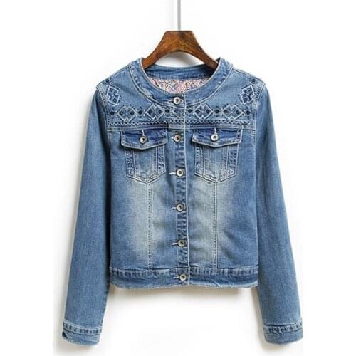 High quality short jeans jacket women embroidery O-neck denim small outerwear students casual top Korean jeans coat female 3107