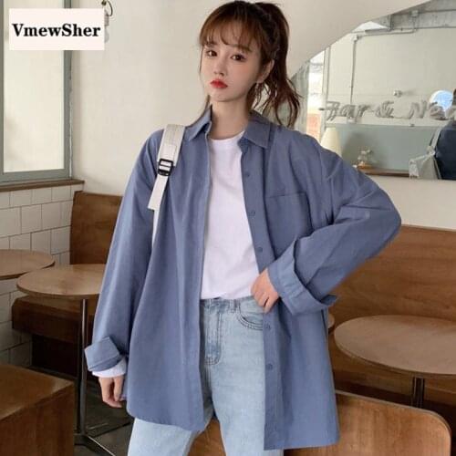 VmewSher New Spring Summer Women Shirt Loose Solid Long Sleeve Pocket Female Oversized Blouse Shirts Turn Down Collar Casual Top