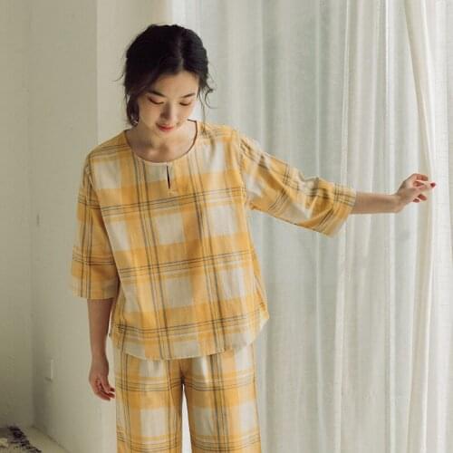 2PCS Women Japan Kimono Pajamas Set 100% Cotton Sleepwear Pijama double-deck Gauze Soft Home Clothing Plaid Sleep Loungewear