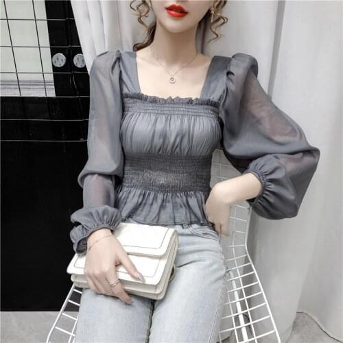 Square Collar Crop Top Women Puff Sleeve Solid Slim Shirt Korean Clothes Female Spring Autumn Vintage Sexy Blouses Tops