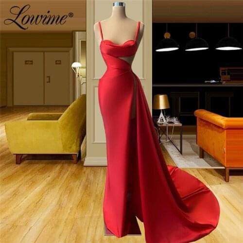 Lowime Simple Long Party Dresses Spaghetti Straps Satin Prom Dress 2021 Red Arabic Evening Gowns Robe De Soirée De Mariage