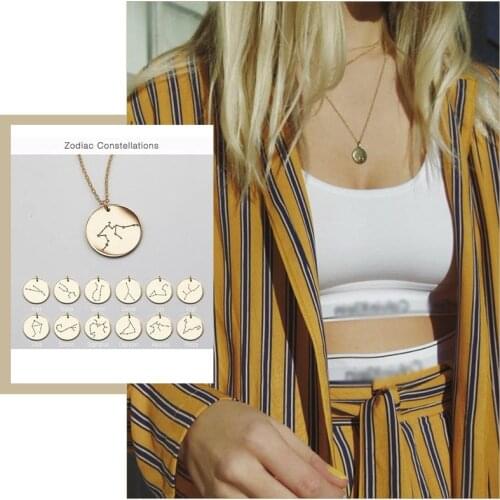 Chic Zodiac Coin Necklaces for Women Fashion 12 Constellation Symbol Engraved Lady Candid Jewelry Elegant Party Accessory Gift
