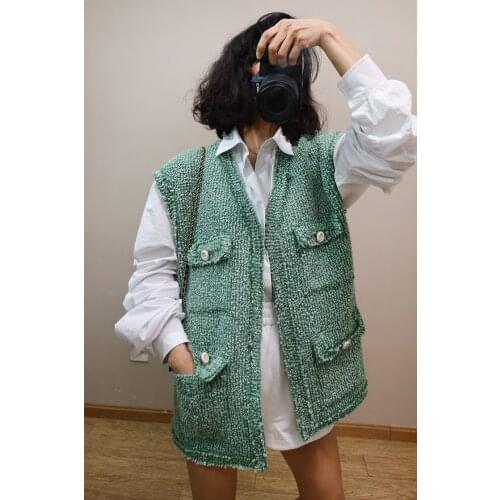 Boutique Gradient Green Tweed Front Four Pocket Oversized Vest V-Neck Jewel Button Woolen Tailored Boyfriend Sleeveless Jacket