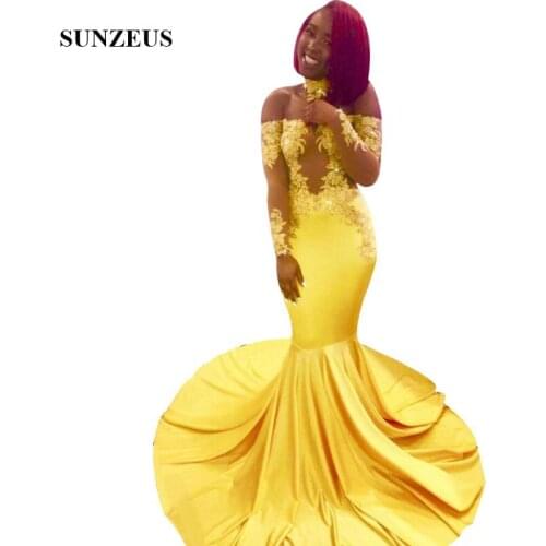 Gold Prom Dresses 2019 Mermaid High Neck African Women Party Gowns Appliques Illusion Top Sexy Vestido De Festa Longo