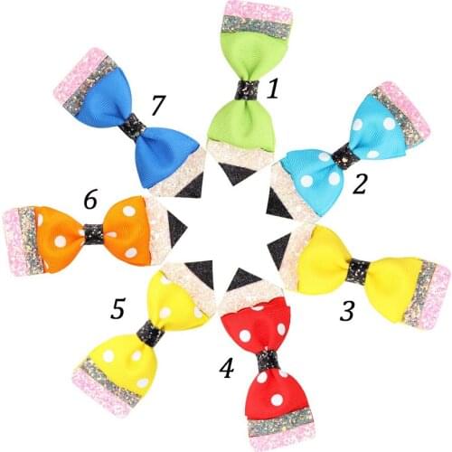 10CM Back to School Hair Bows for Students Dot Print Barrettes Glitter Pencil Hairgrips for Girls Handmade Kids Hair Accessories